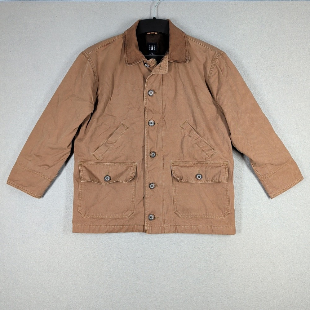 Gap Jacket Mens XL Brown Cotton Canvas Barn‎ Leather Collar Quilted Lining